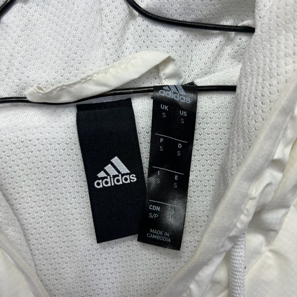 Adidas Jacket Mens S White Black Striped Full Zip Hooded Lightweight Windbreaker - Picture 10 of 16